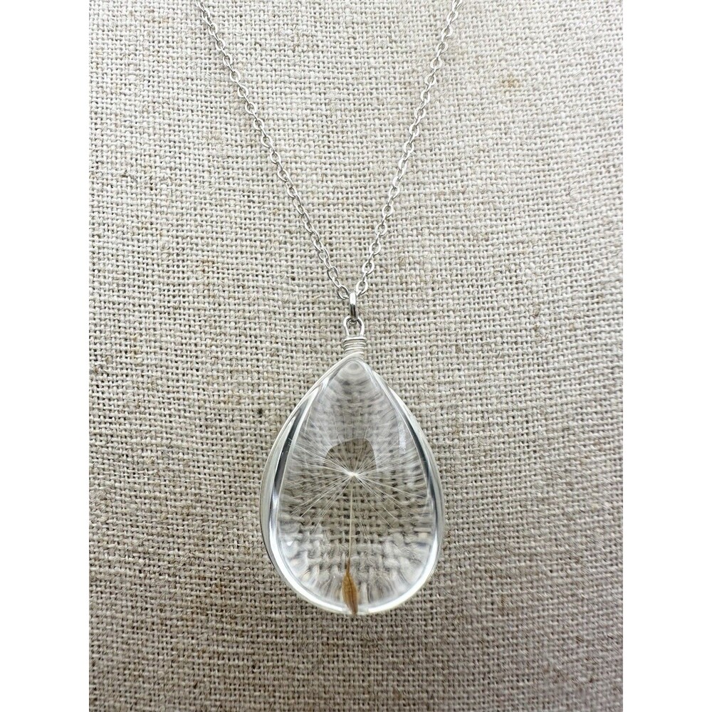 Sterling Silver 925 Captured Dandelion Seed in Glass Pendant Necklace 18”